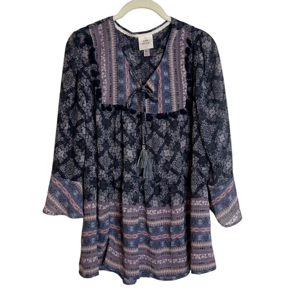 Knox Rose Boho Peasant Blouse XL Blue Mixed Print Floral Tassel Flared Sleeve